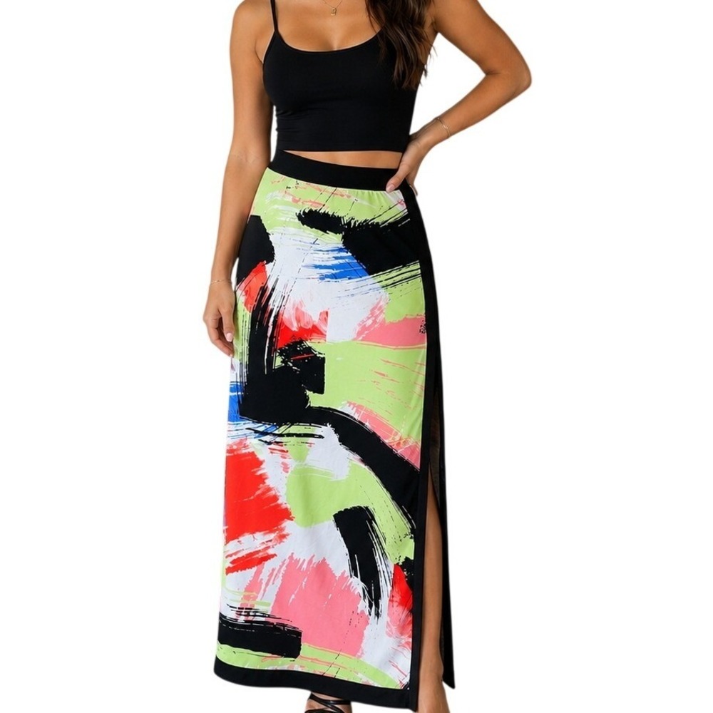 ECI New York Maxi Skirt Small Abstract Paintbrush Print Stretch Retro Statement